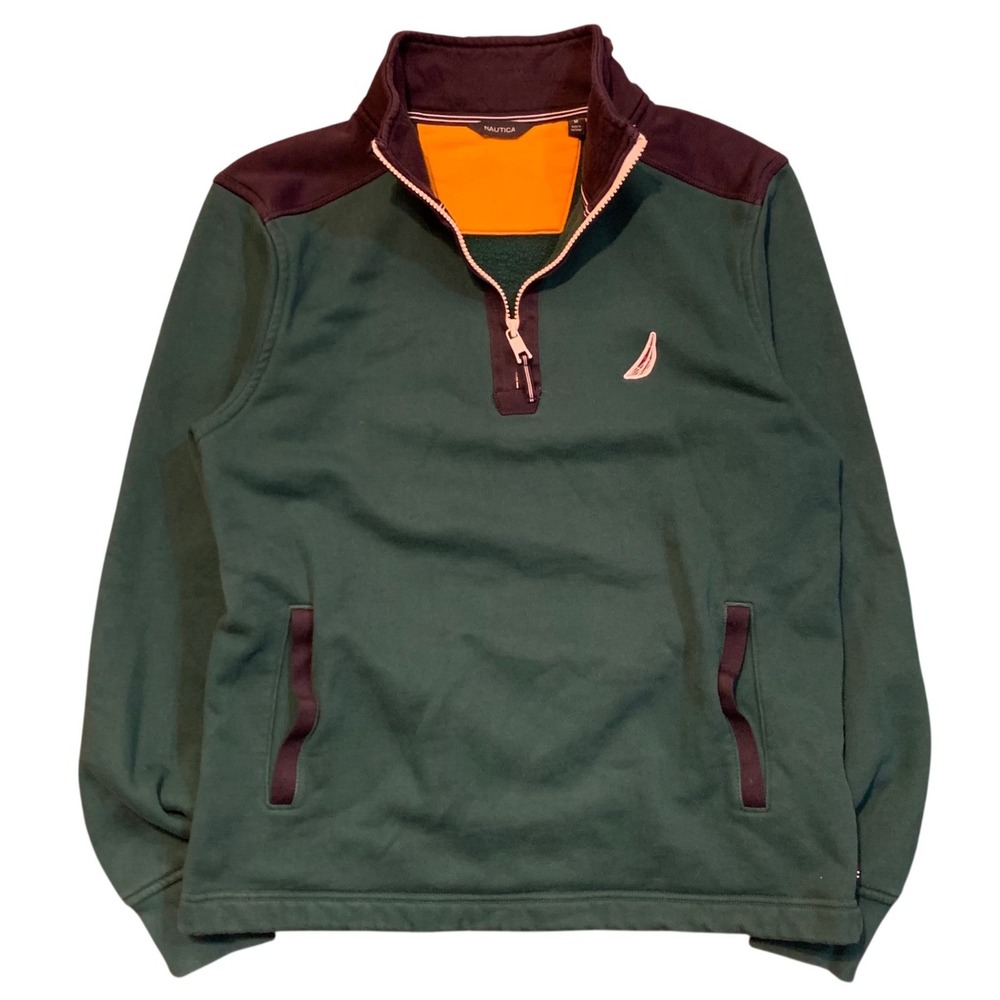 Nautica Mens Quarter Zip Fleece Pullover Green Navy Colorblock Size M